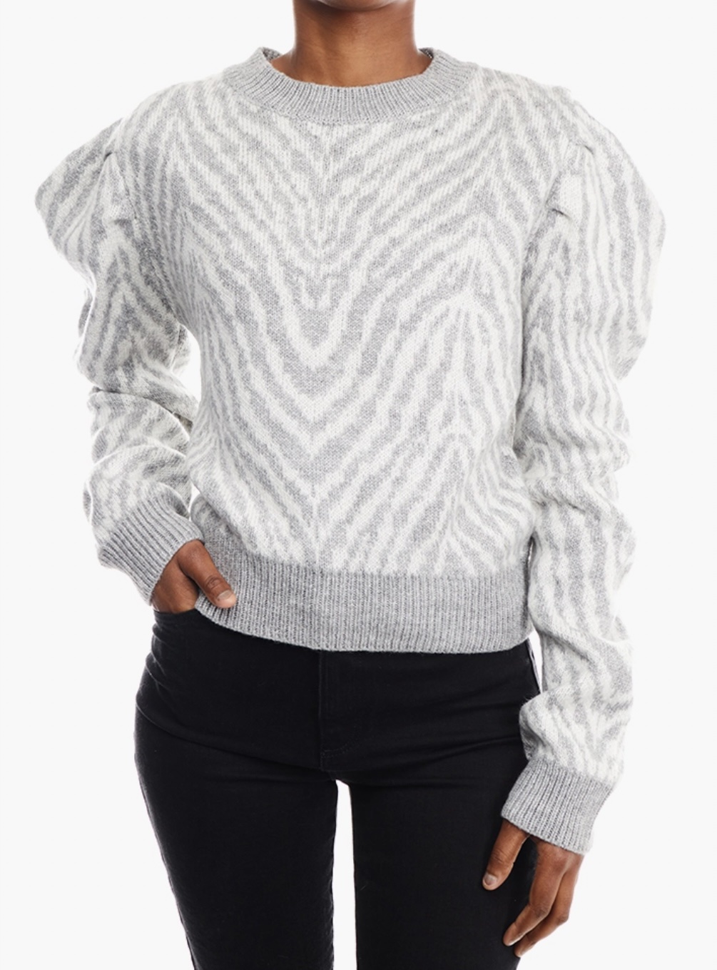 Forever 21 Ivory & Grey Zebra Puff-Sleeve Sweater