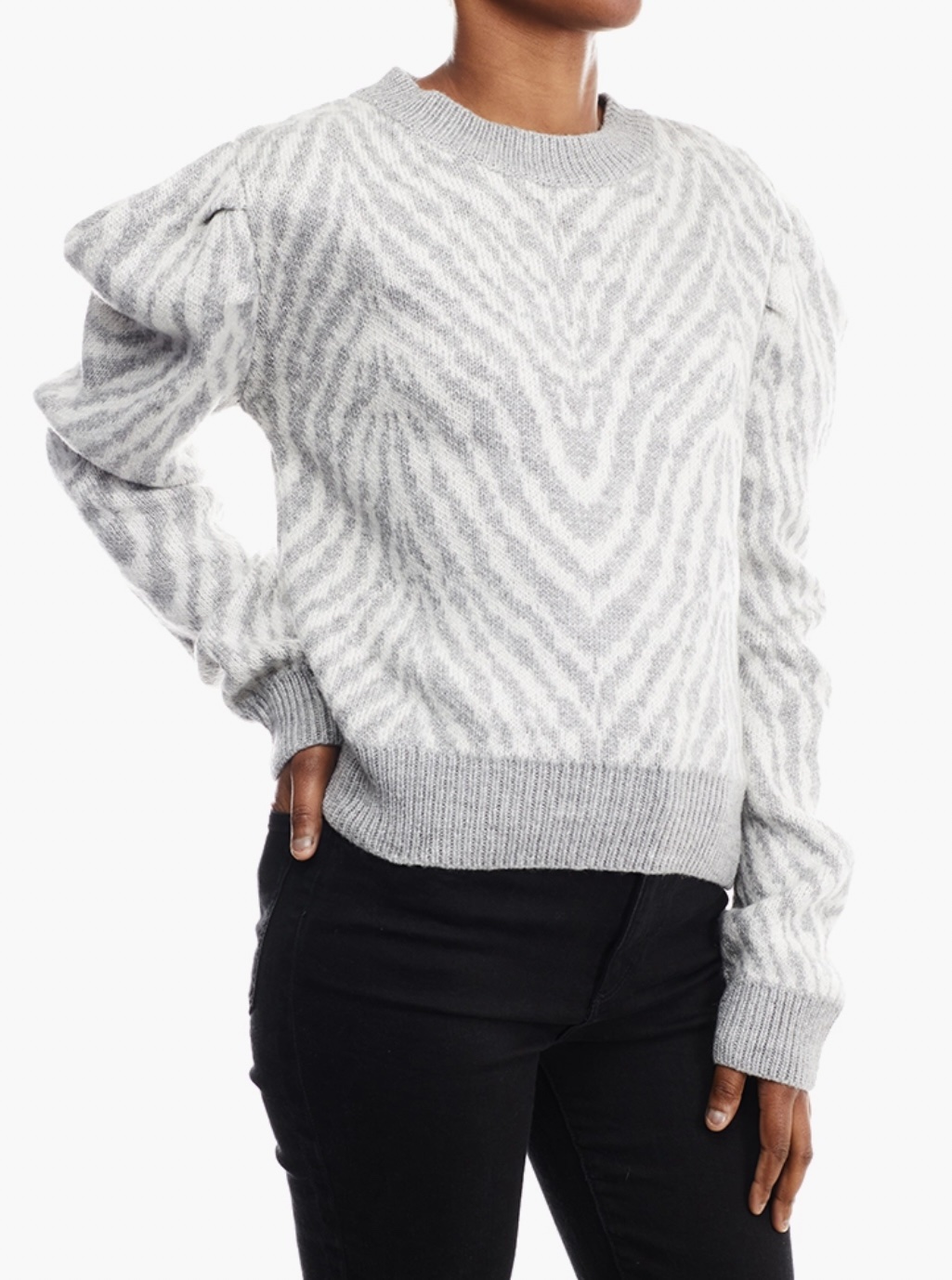 Forever 21 Ivory & Grey Zebra Puff-Sleeve Sweater - Image 2
